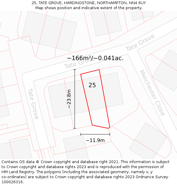 25, TATE GROVE, HARDINGSTONE, NORTHAMPTON, NN4 6UY: Plot and title map