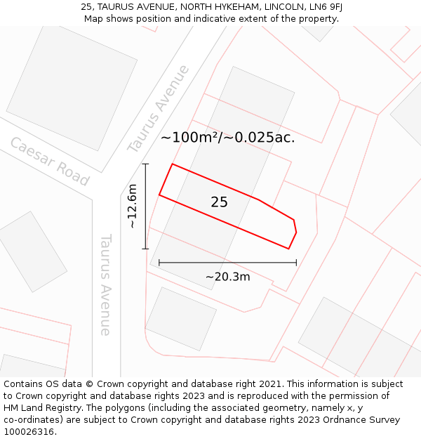 25, TAURUS AVENUE, NORTH HYKEHAM, LINCOLN, LN6 9FJ: Plot and title map