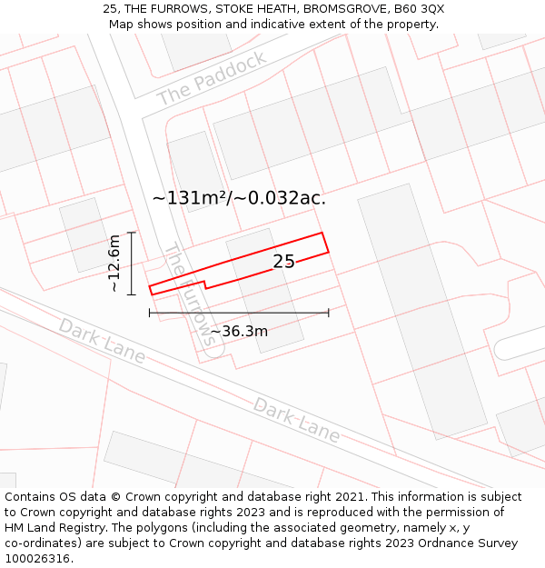 25, THE FURROWS, STOKE HEATH, BROMSGROVE, B60 3QX: Plot and title map
