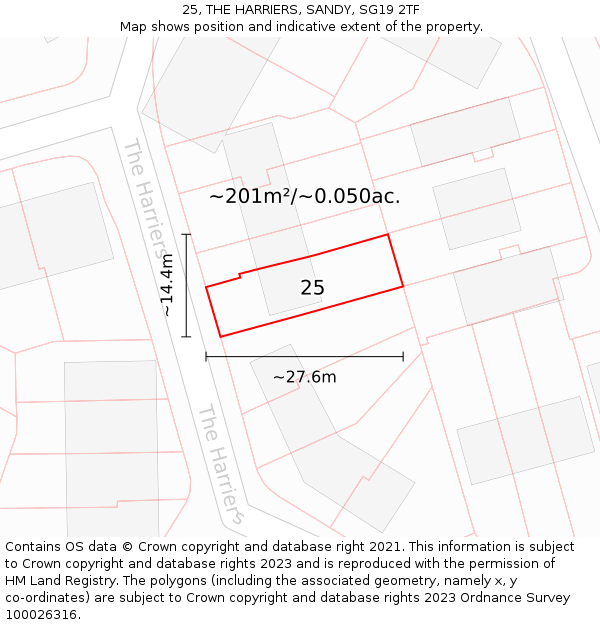 25, THE HARRIERS, SANDY, SG19 2TF: Plot and title map