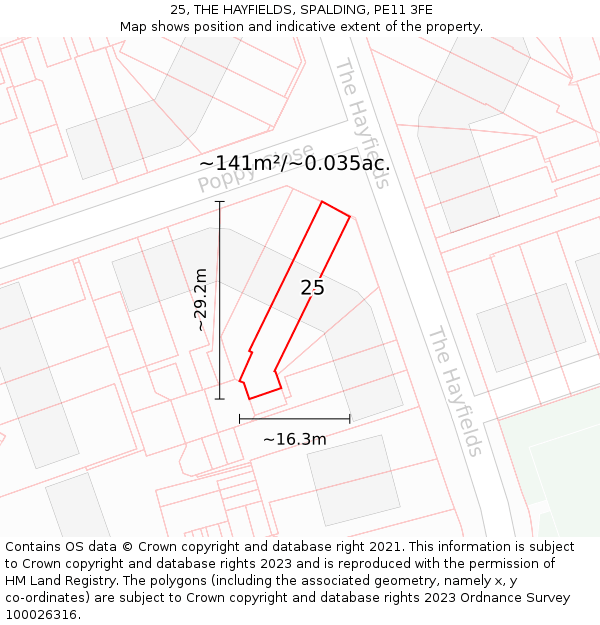 25, THE HAYFIELDS, SPALDING, PE11 3FE: Plot and title map