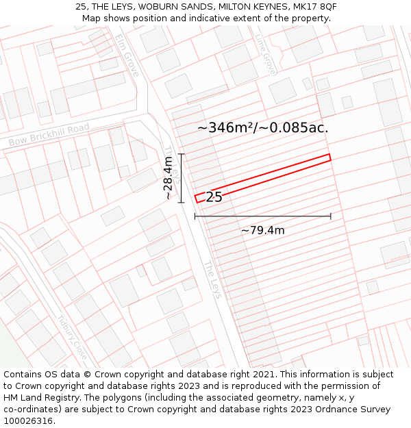 25, THE LEYS, WOBURN SANDS, MILTON KEYNES, MK17 8QF: Plot and title map