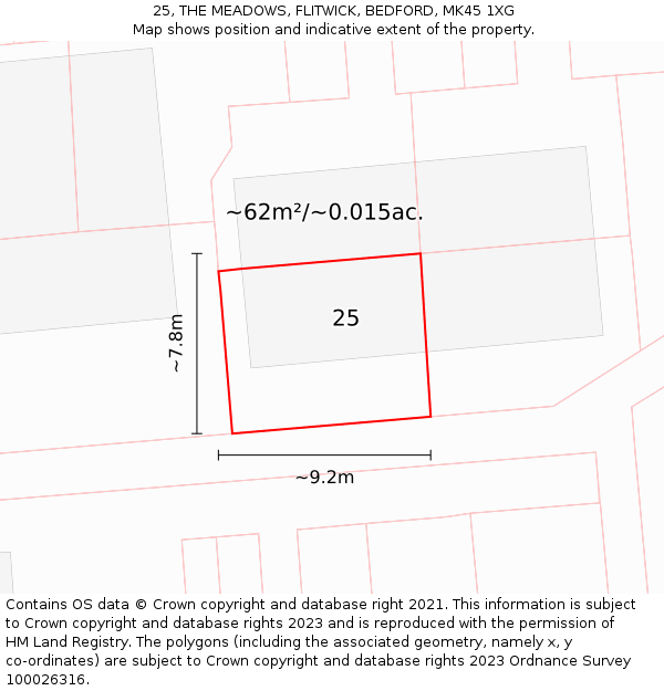 25, THE MEADOWS, FLITWICK, BEDFORD, MK45 1XG: Plot and title map
