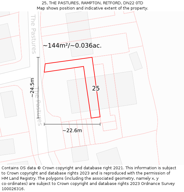 25, THE PASTURES, RAMPTON, RETFORD, DN22 0TD: Plot and title map