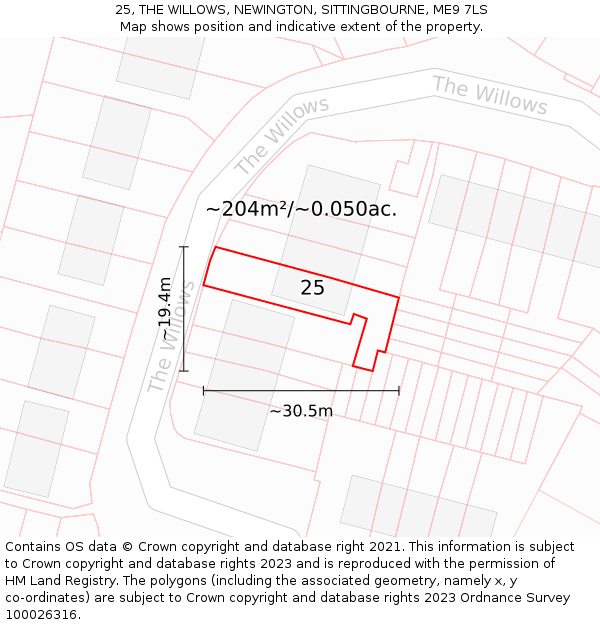 25, THE WILLOWS, NEWINGTON, SITTINGBOURNE, ME9 7LS: Plot and title map