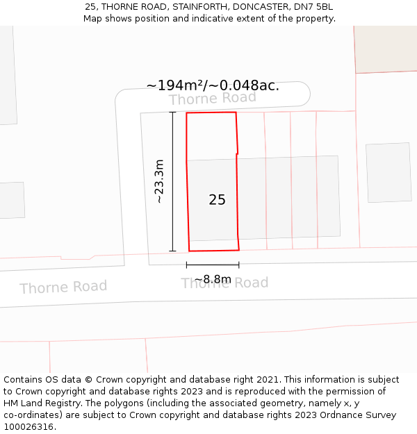 25, THORNE ROAD, STAINFORTH, DONCASTER, DN7 5BL: Plot and title map