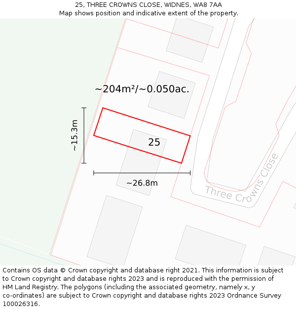 25, THREE CROWNS CLOSE, WIDNES, WA8 7AA: Plot and title map