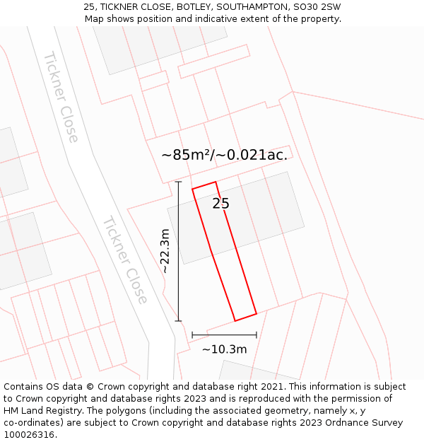 25, TICKNER CLOSE, BOTLEY, SOUTHAMPTON, SO30 2SW: Plot and title map
