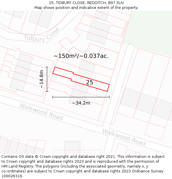 25, TIDBURY CLOSE, REDDITCH, B97 5LN: Plot and title map