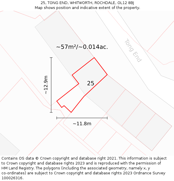 25, TONG END, WHITWORTH, ROCHDALE, OL12 8BJ: Plot and title map