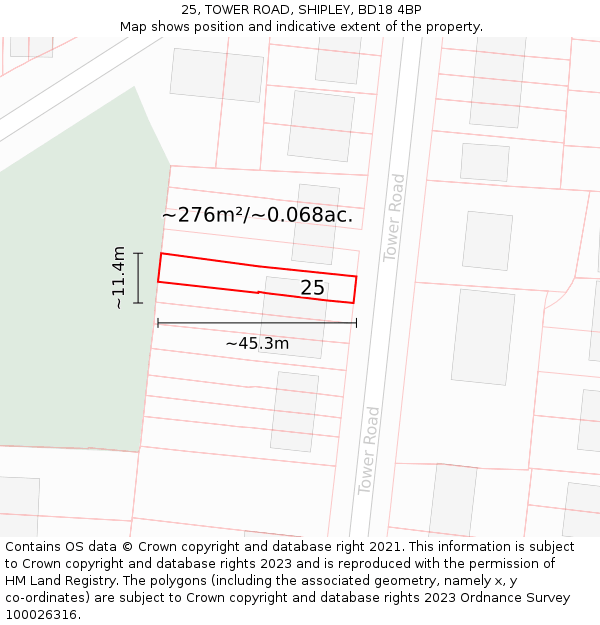 25, TOWER ROAD, SHIPLEY, BD18 4BP: Plot and title map