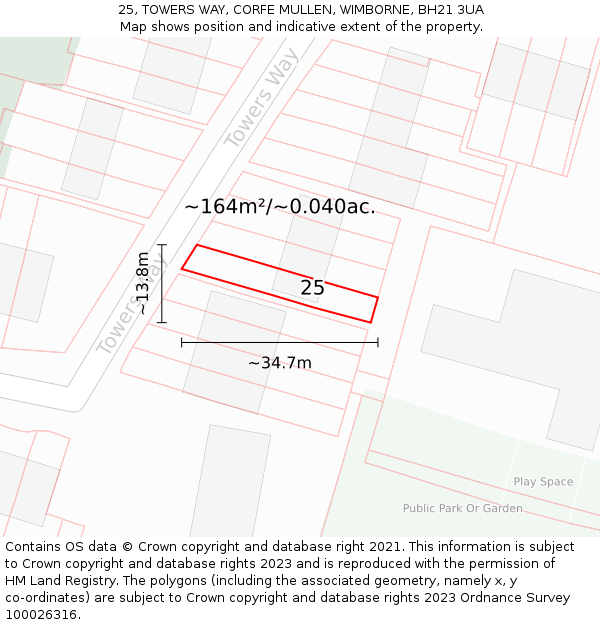 25, TOWERS WAY, CORFE MULLEN, WIMBORNE, BH21 3UA: Plot and title map