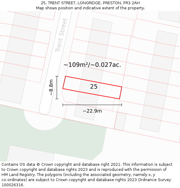 25, TRENT STREET, LONGRIDGE, PRESTON, PR3 2AH: Plot and title map