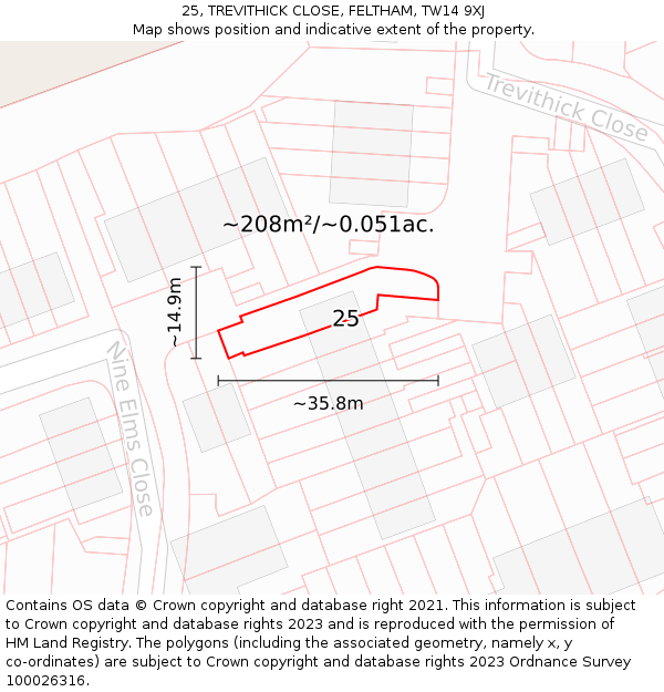 25, TREVITHICK CLOSE, FELTHAM, TW14 9XJ: Plot and title map