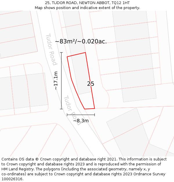 25, TUDOR ROAD, NEWTON ABBOT, TQ12 1HT: Plot and title map