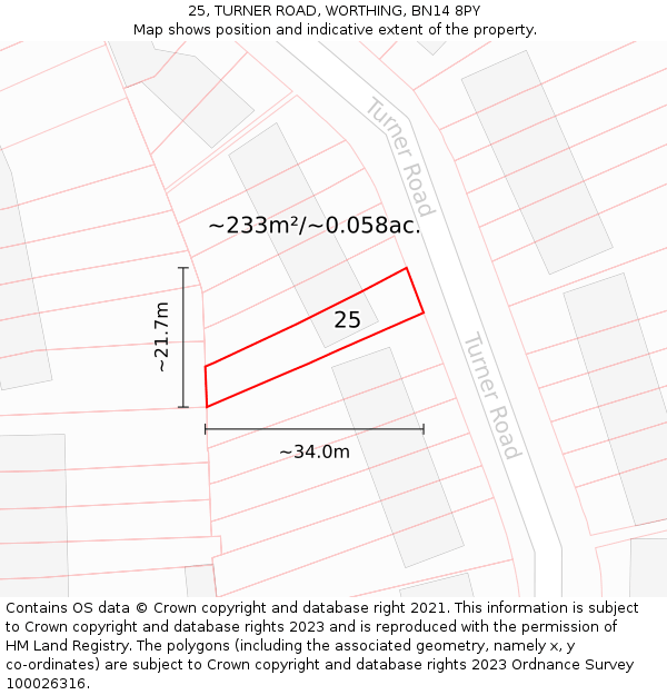 25, TURNER ROAD, WORTHING, BN14 8PY: Plot and title map