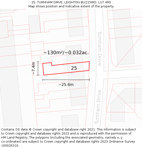 25, TURNHAM DRIVE, LEIGHTON BUZZARD, LU7 4RS: Plot and title map