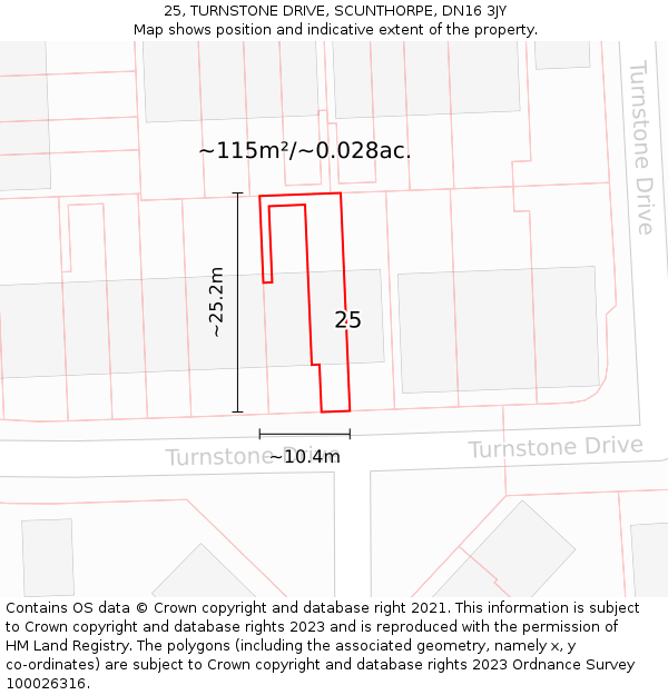 25, TURNSTONE DRIVE, SCUNTHORPE, DN16 3JY: Plot and title map