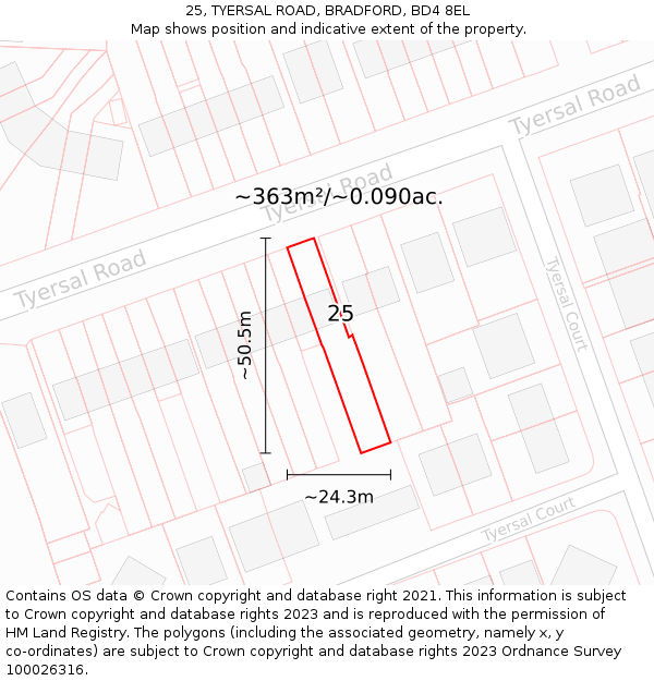 25, TYERSAL ROAD, BRADFORD, BD4 8EL: Plot and title map