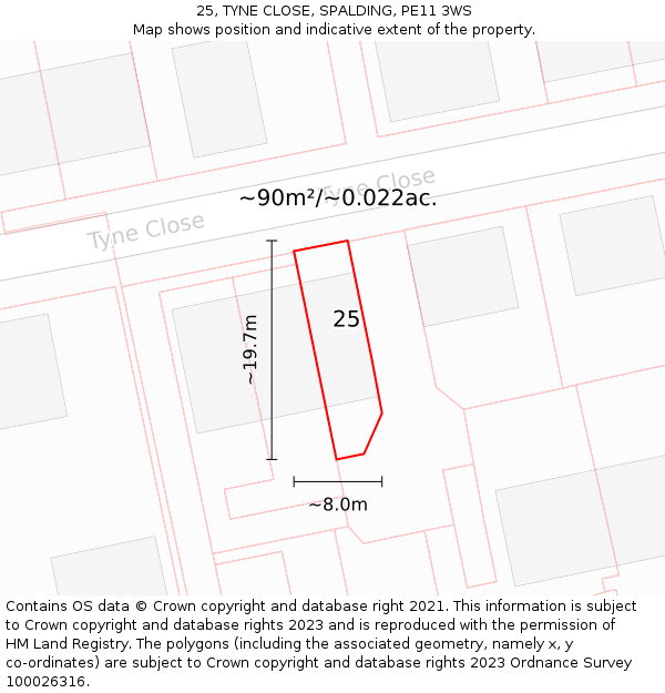 25, TYNE CLOSE, SPALDING, PE11 3WS: Plot and title map