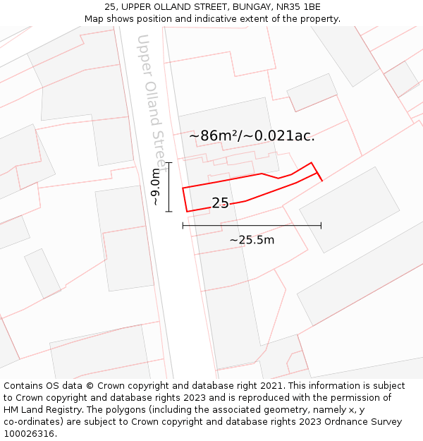 25, UPPER OLLAND STREET, BUNGAY, NR35 1BE: Plot and title map