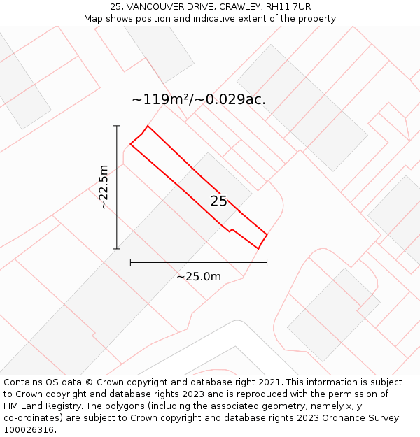 25, VANCOUVER DRIVE, CRAWLEY, RH11 7UR: Plot and title map
