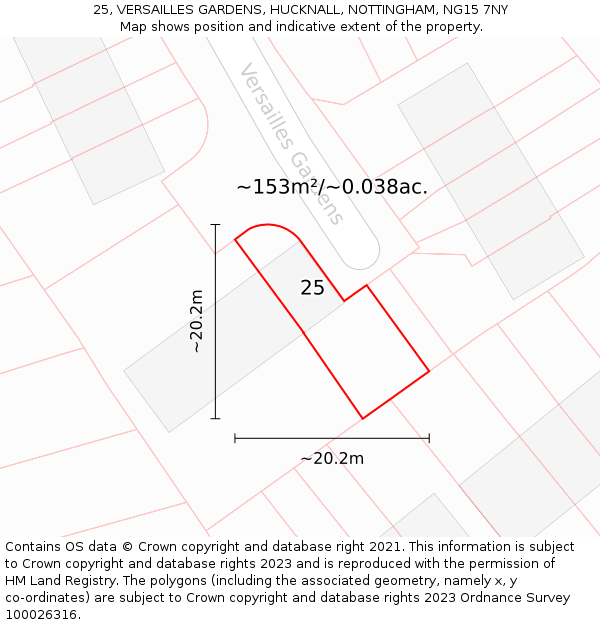 25, VERSAILLES GARDENS, HUCKNALL, NOTTINGHAM, NG15 7NY: Plot and title map