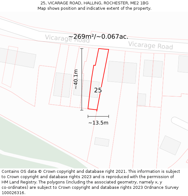 25, VICARAGE ROAD, HALLING, ROCHESTER, ME2 1BG: Plot and title map