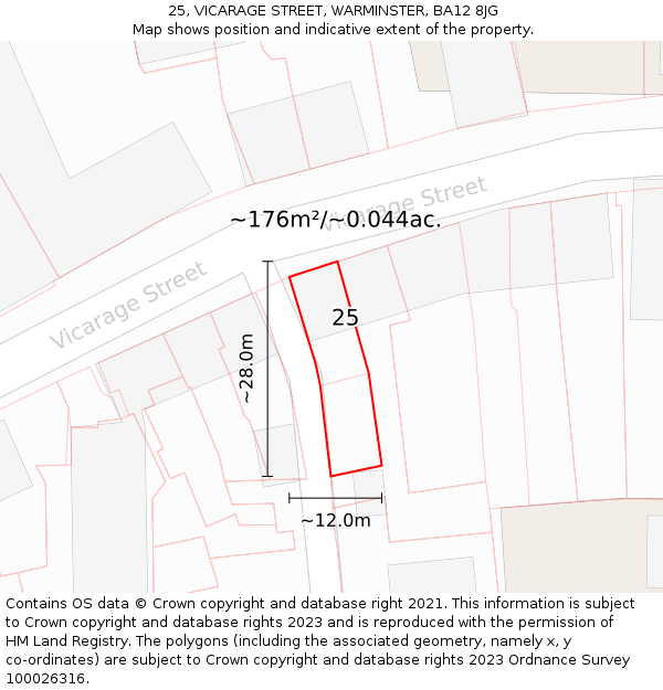 25, VICARAGE STREET, WARMINSTER, BA12 8JG: Plot and title map
