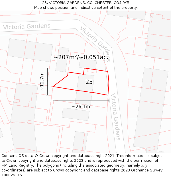25, VICTORIA GARDENS, COLCHESTER, CO4 9YB: Plot and title map