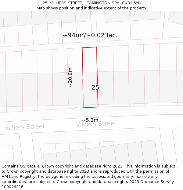 25, VILLIERS STREET, LEAMINGTON SPA, CV32 5YH: Plot and title map