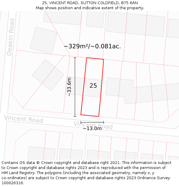 25, VINCENT ROAD, SUTTON COLDFIELD, B75 6AN: Plot and title map