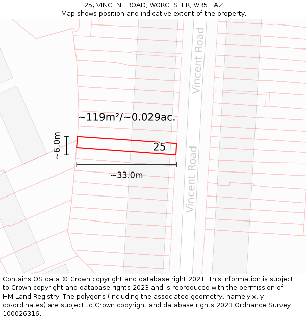 25, VINCENT ROAD, WORCESTER, WR5 1AZ: Plot and title map