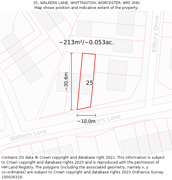 25, WALKERS LANE, WHITTINGTON, WORCESTER, WR5 2NN: Plot and title map