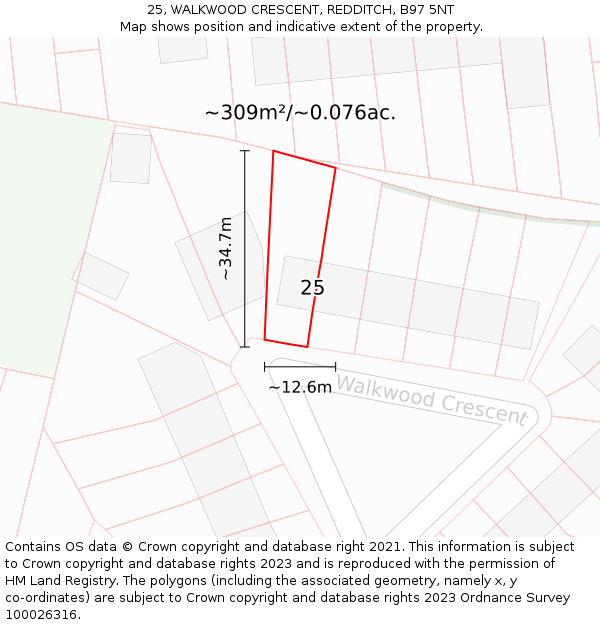 25, WALKWOOD CRESCENT, REDDITCH, B97 5NT: Plot and title map