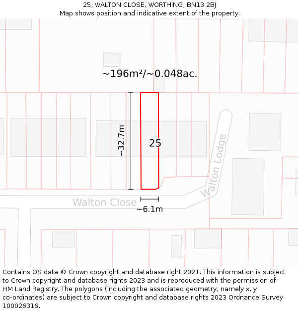 25, WALTON CLOSE, WORTHING, BN13 2BJ: Plot and title map