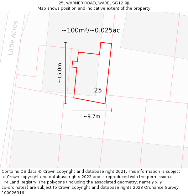 25, WARNER ROAD, WARE, SG12 9JL: Plot and title map
