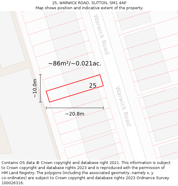 25, WARWICK ROAD, SUTTON, SM1 4AP: Plot and title map