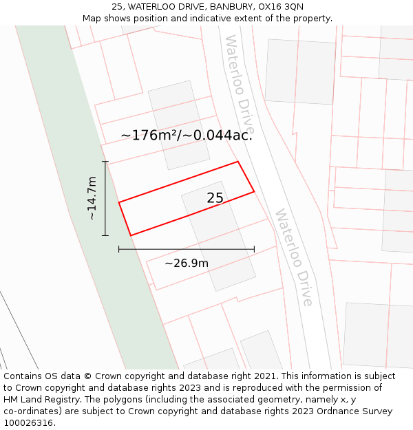 25, WATERLOO DRIVE, BANBURY, OX16 3QN: Plot and title map