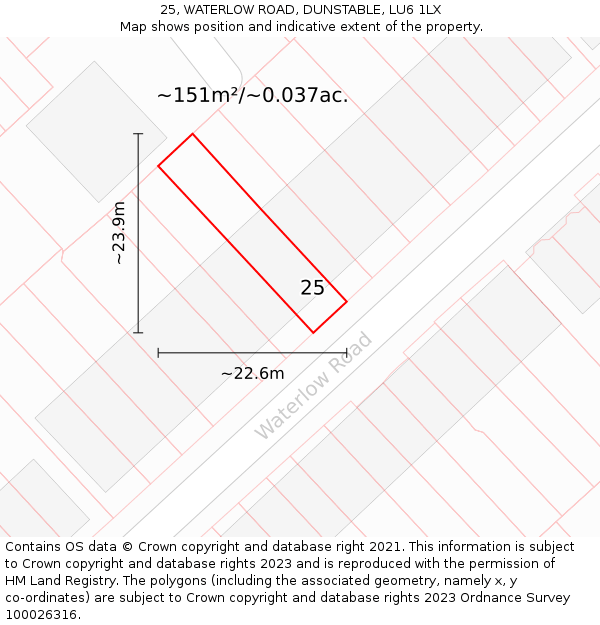 25, WATERLOW ROAD, DUNSTABLE, LU6 1LX: Plot and title map