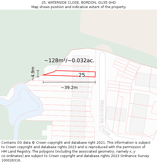 25, WATERSIDE CLOSE, BORDON, GU35 0HD: Plot and title map