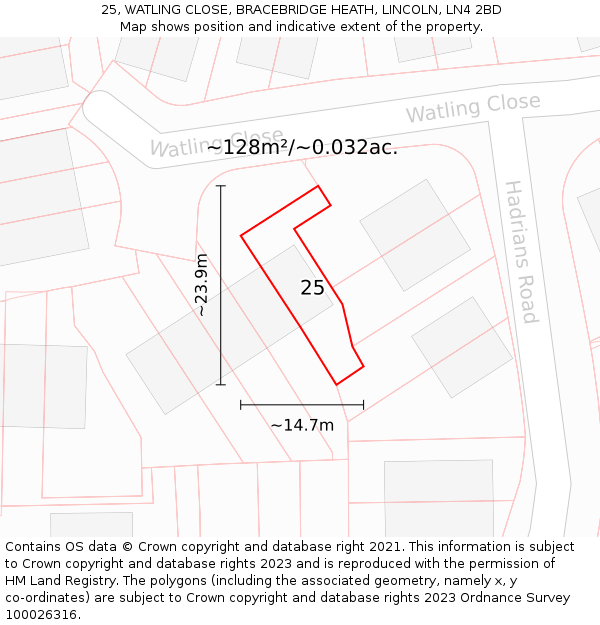 25, WATLING CLOSE, BRACEBRIDGE HEATH, LINCOLN, LN4 2BD: Plot and title map