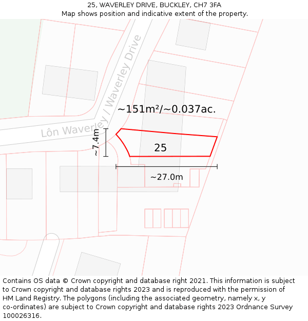 25, WAVERLEY DRIVE, BUCKLEY, CH7 3FA: Plot and title map