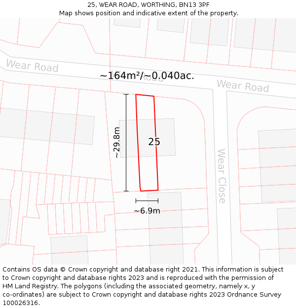 25, WEAR ROAD, WORTHING, BN13 3PF: Plot and title map