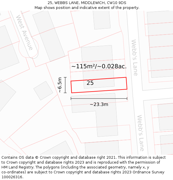 25, WEBBS LANE, MIDDLEWICH, CW10 9DS: Plot and title map