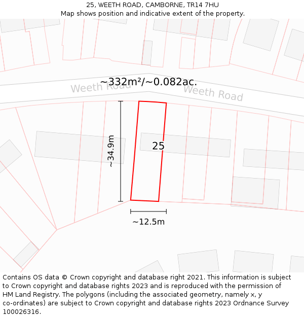 25, WEETH ROAD, CAMBORNE, TR14 7HU: Plot and title map