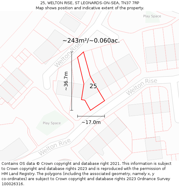 25, WELTON RISE, ST LEONARDS-ON-SEA, TN37 7RP: Plot and title map