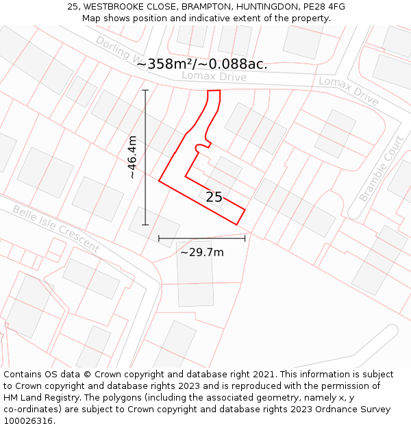 25, WESTBROOKE CLOSE, BRAMPTON, HUNTINGDON, PE28 4FG: Plot and title map