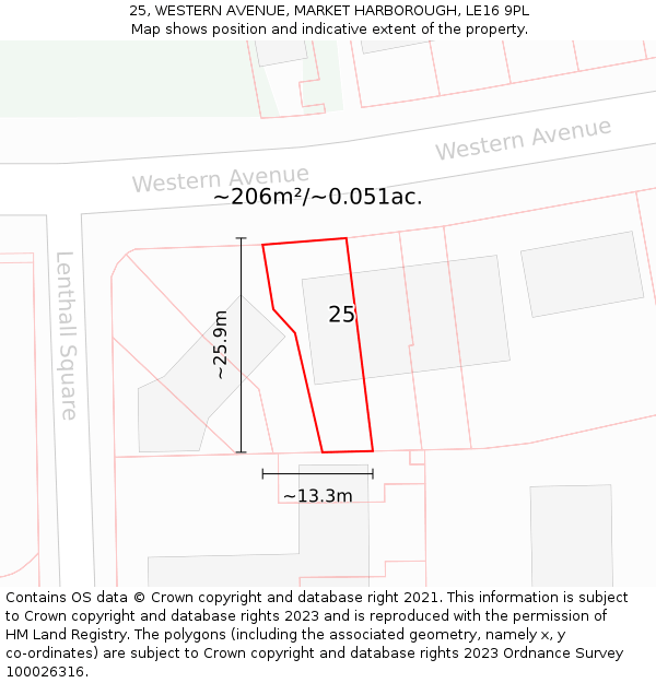 25, WESTERN AVENUE, MARKET HARBOROUGH, LE16 9PL: Plot and title map