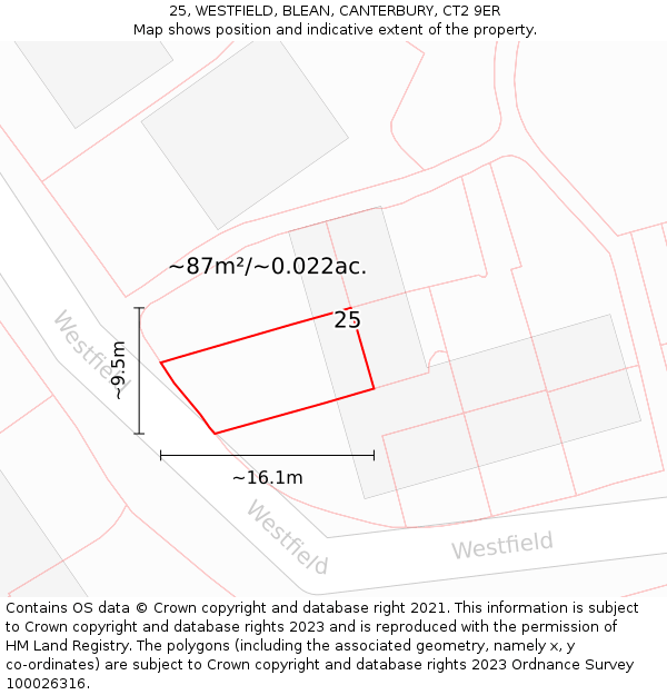 25, WESTFIELD, BLEAN, CANTERBURY, CT2 9ER: Plot and title map